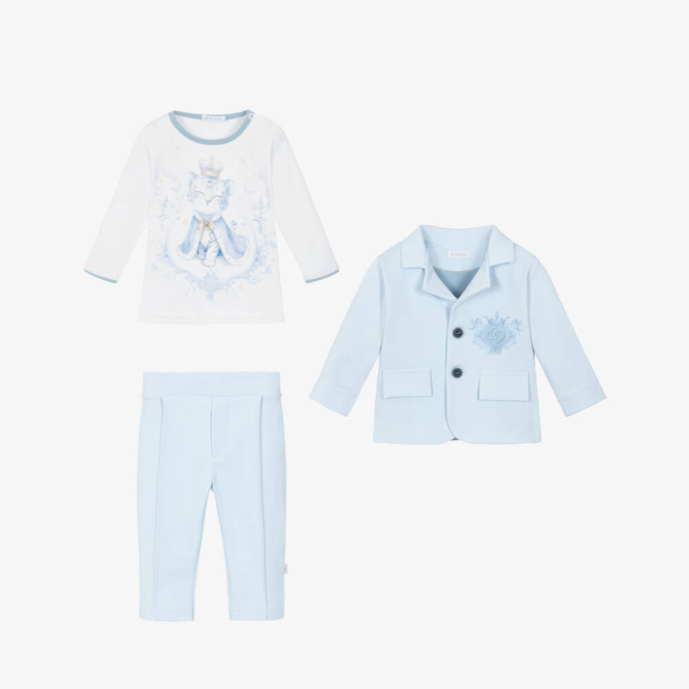 Sofija-Boys Blue & White Cotton Jersey Monogram Logo Suit | Childrensalon Outlet