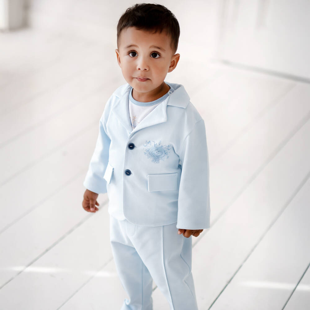 Sofija-Boys Blue & White Cotton Jersey Monogram Logo Suit | Childrensalon Outlet