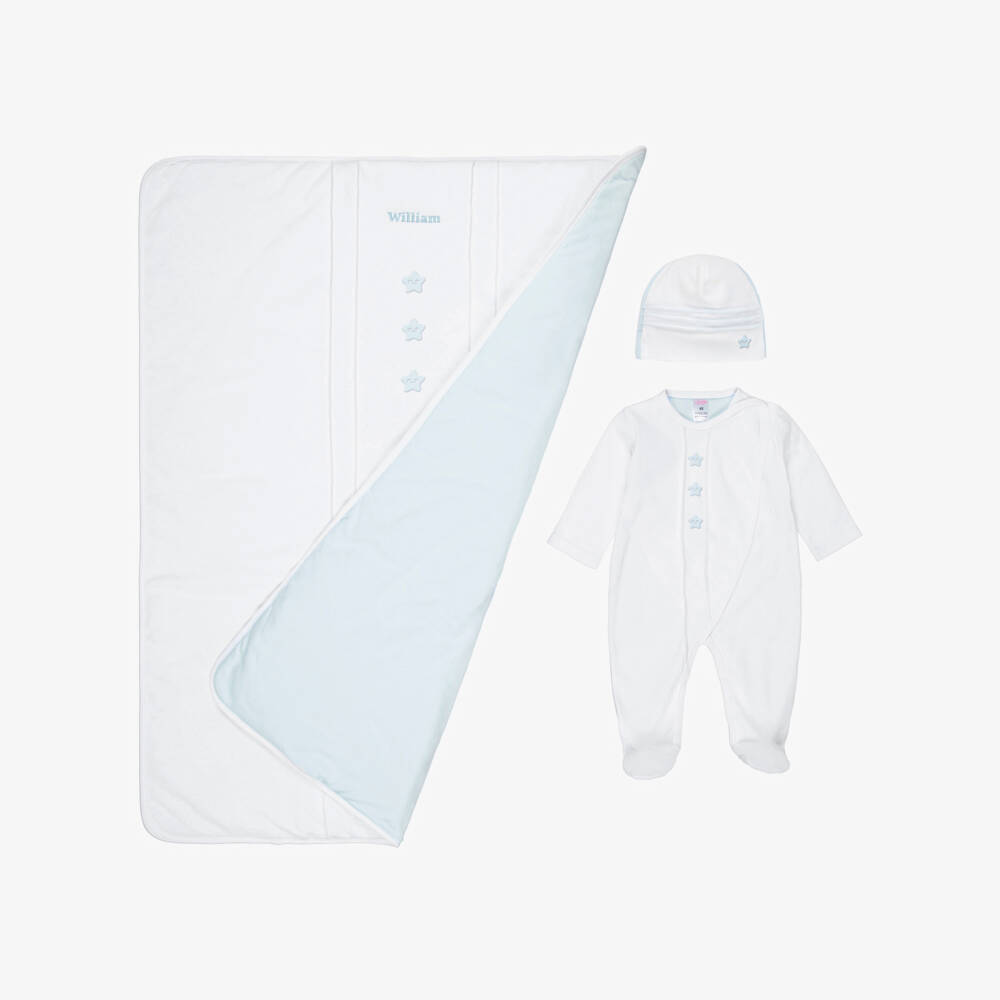 Sofija-Boys White & Blue Cotton Babysuit Set | Childrensalon Outlet