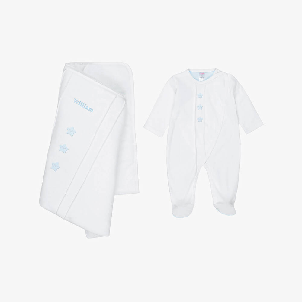 Sofija-Boys White & Blue Cotton Babysuit Set | Childrensalon Outlet
