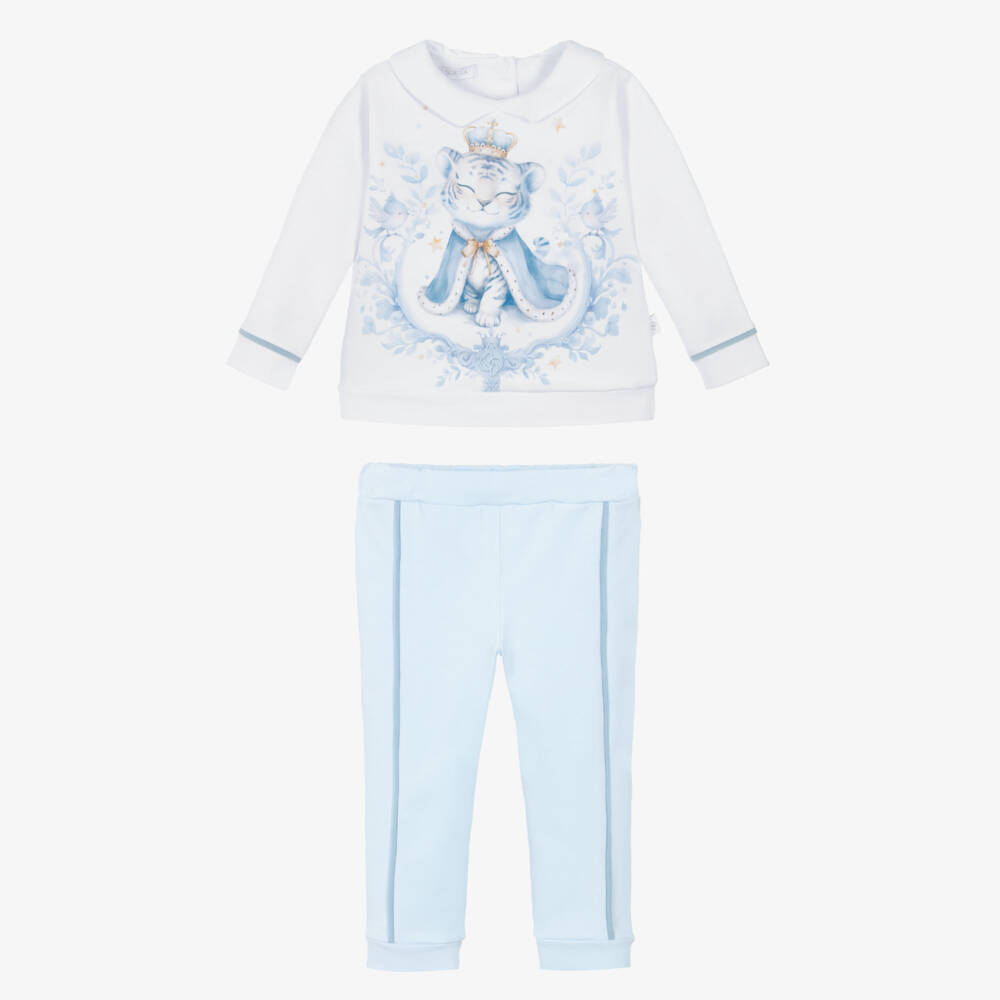 Sofija-Boys White & Blue Cotton Tiger Print Trouser Set | Childrensalon Outlet