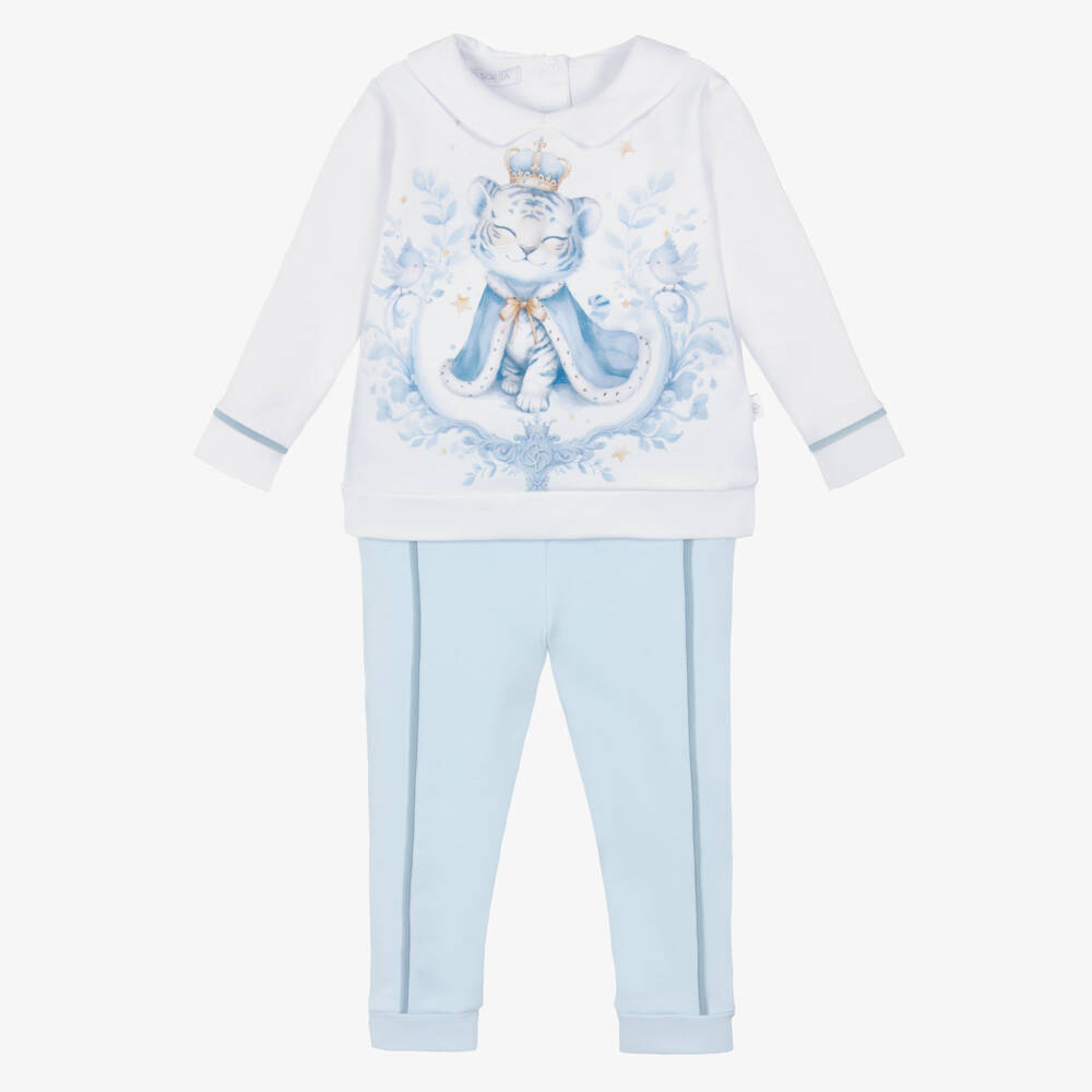 Sofija-Boys White & Blue Cotton Tiger Print Trouser Set | Childrensalon Outlet