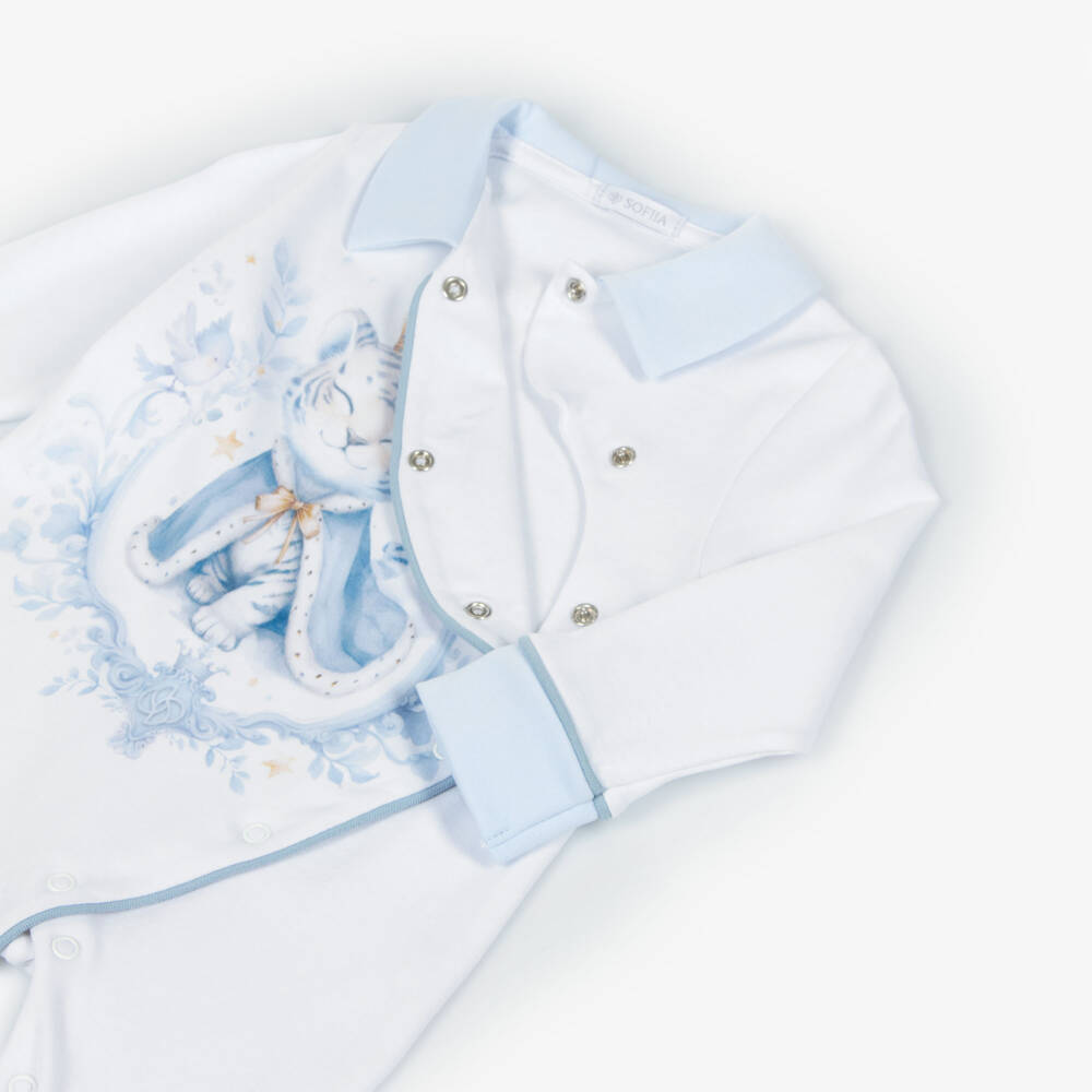 Sofija-Boys White Cotton Tiger Print Babygrow | Childrensalon Outlet