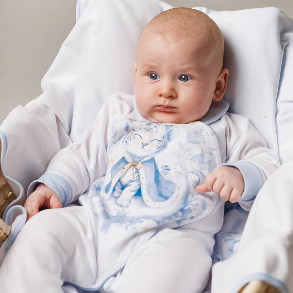 Sofija-Boys White Cotton Tiger Print Babygrow | Childrensalon Outlet