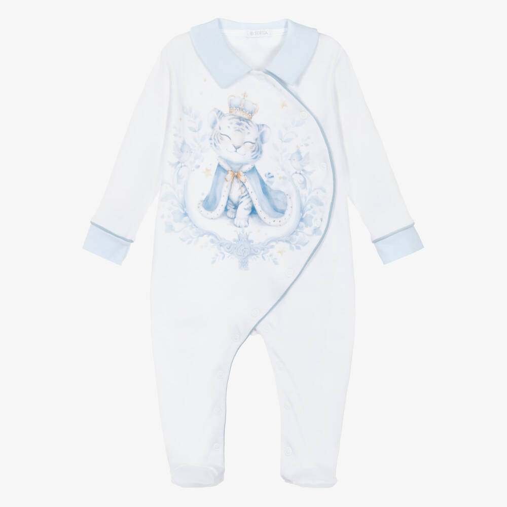 Sofija-Boys White Cotton Tiger Print Babygrow | Childrensalon Outlet