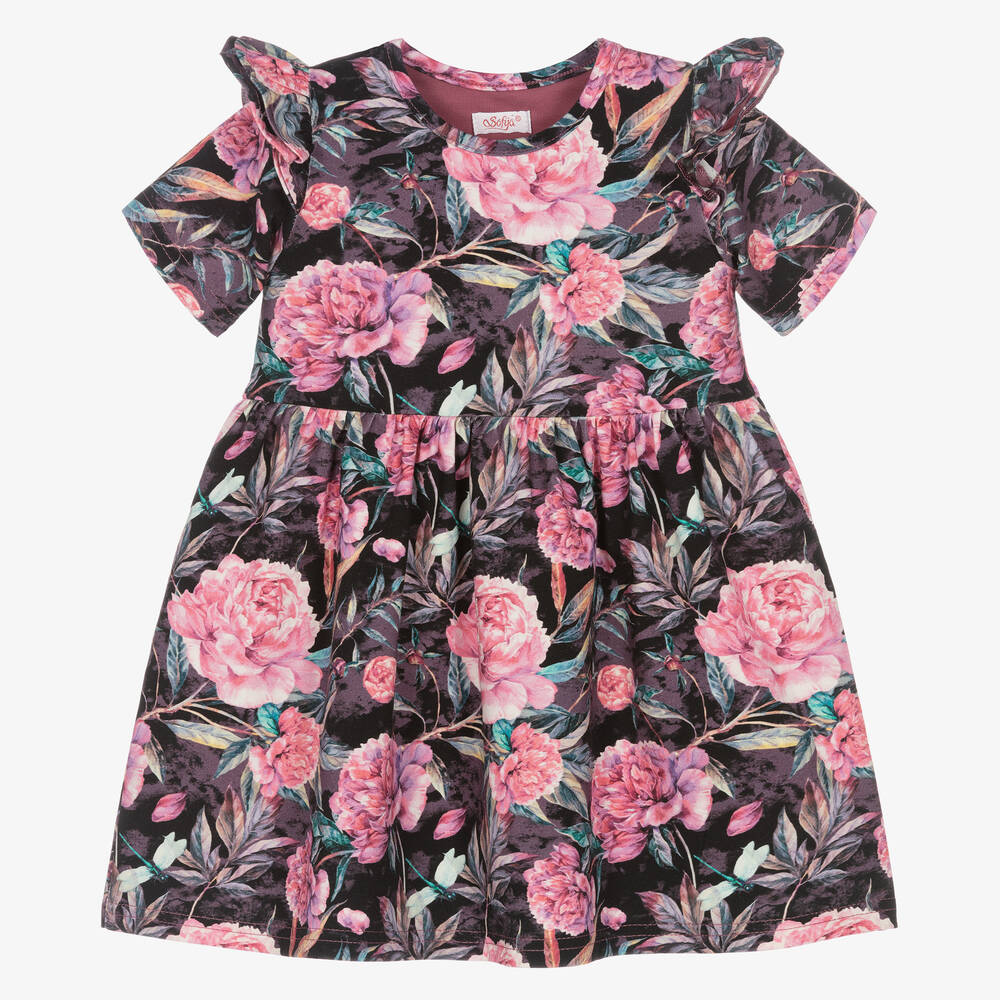 Sofija-Girls Black & Pink Floral Cotton Dress | Childrensalon Outlet
