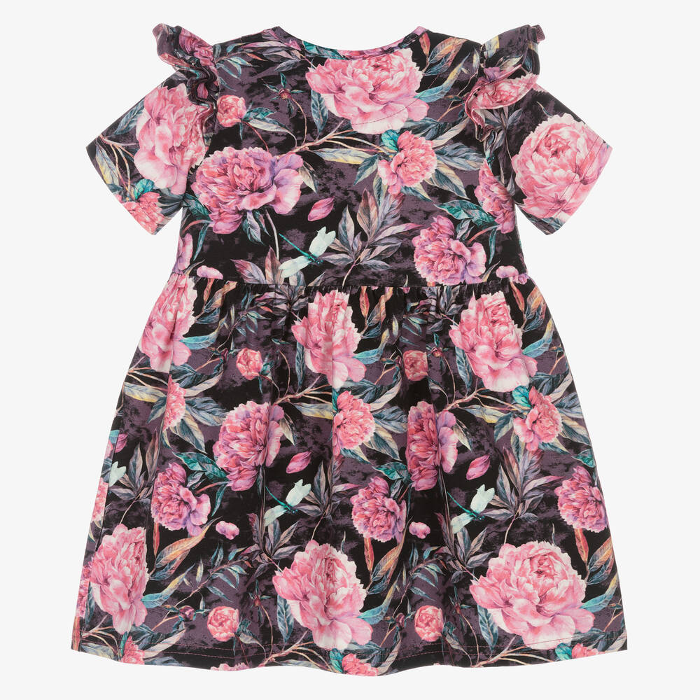 Sofija-فستان قطن جيرسي لون أسود وزهري بطبعة ورود | Childrensalon Outlet