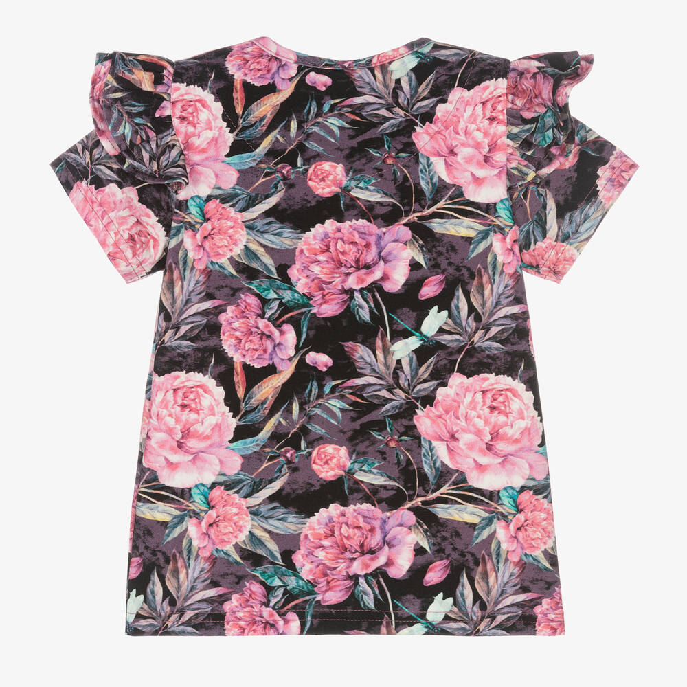 Sofija-Girls Black & Pink Floral Cotton T-Shirt | Childrensalon Outlet
