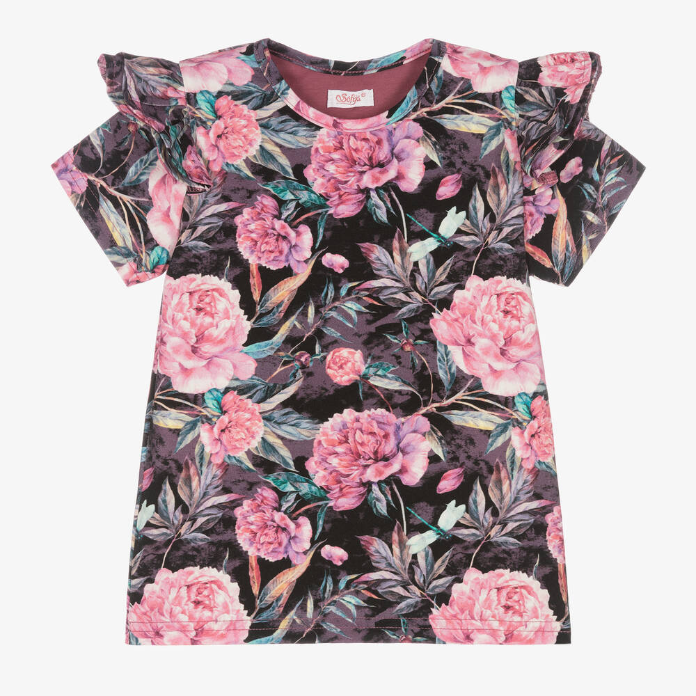 Sofija-Girls Black & Pink Floral Cotton T-Shirt | Childrensalon Outlet