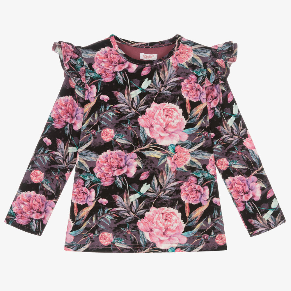 Sofija-Girls Black & Pink Floral Cotton Top | Childrensalon Outlet