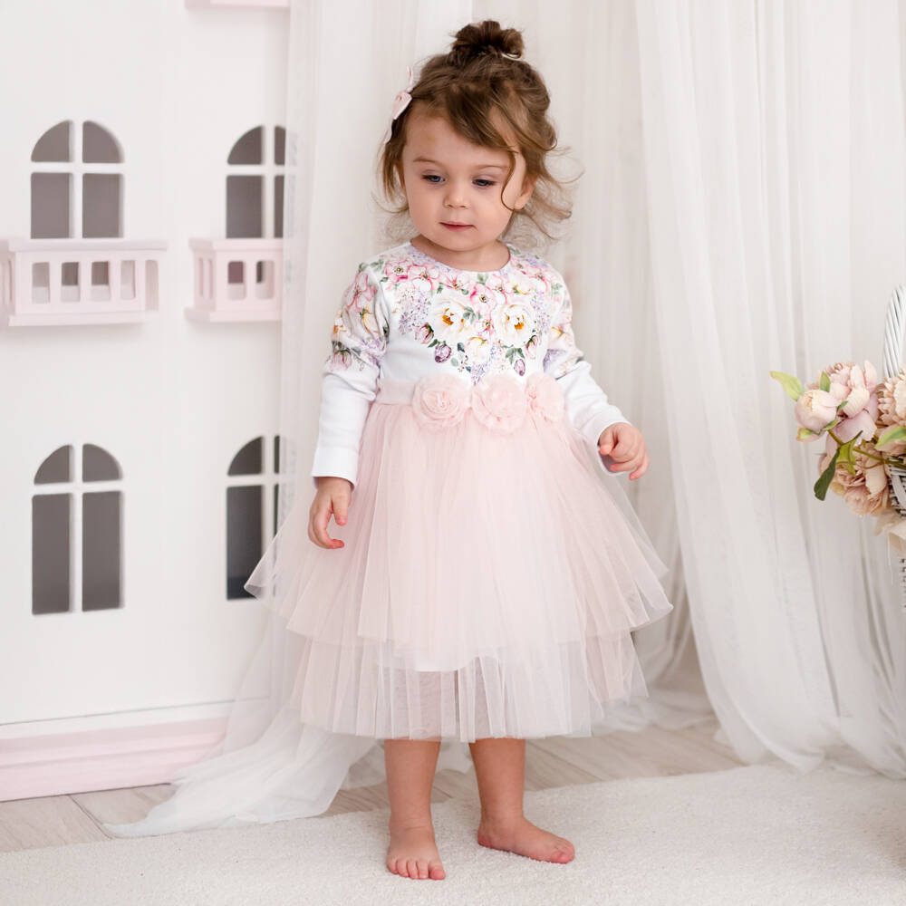 Sofija-Girls Blush Floral Cotton & Tulle Frock | Childrensalon Outlet