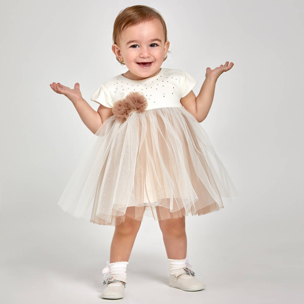 Sofija-Girls Ivory and Beige Tulle Dress | Childrensalon Outlet