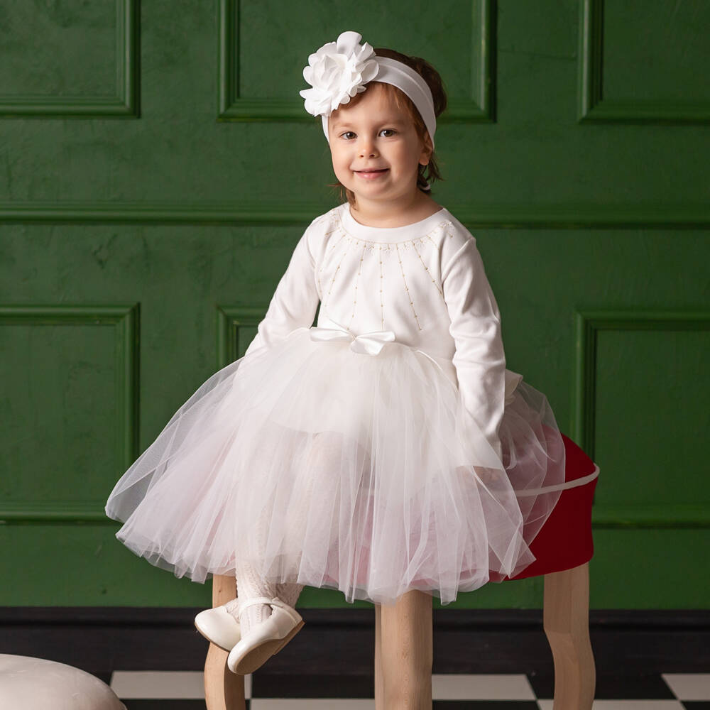 Sofija-فستان تول قطني عاجي للبنات | Childrensalon Outlet