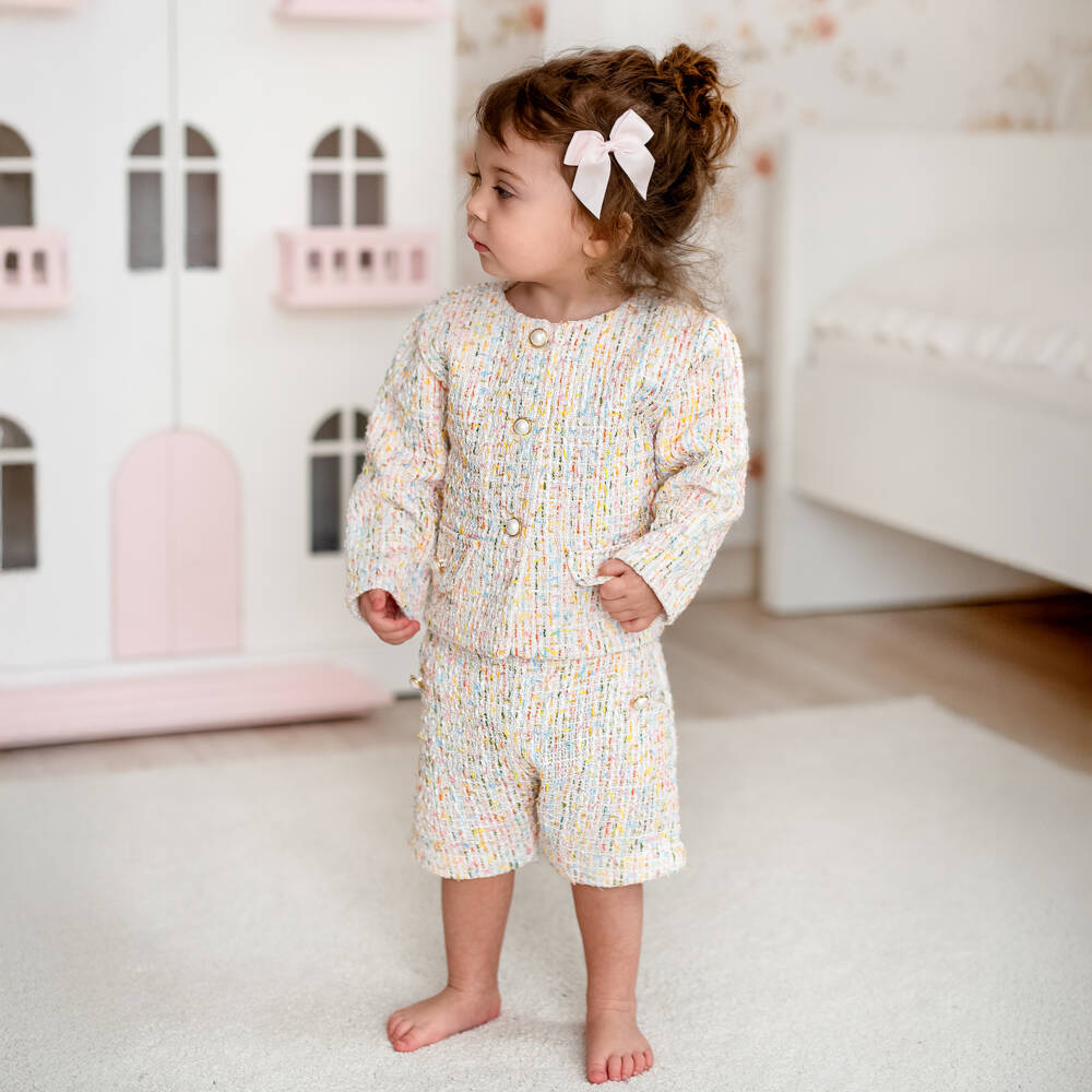Sofija-Girls Ivory Cotton Tweed Shorts Suit | Childrensalon Outlet