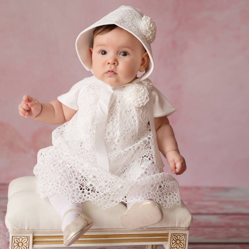 Sofija-فستان دانتيل عاجي للبنات مع قبعة | Childrensalon Outlet