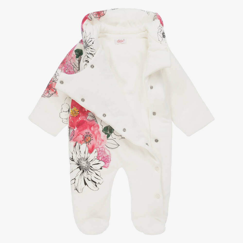 Sofija-Girls' Ivory Quilted Cotton Pramsuit | Childrensalon Outlet