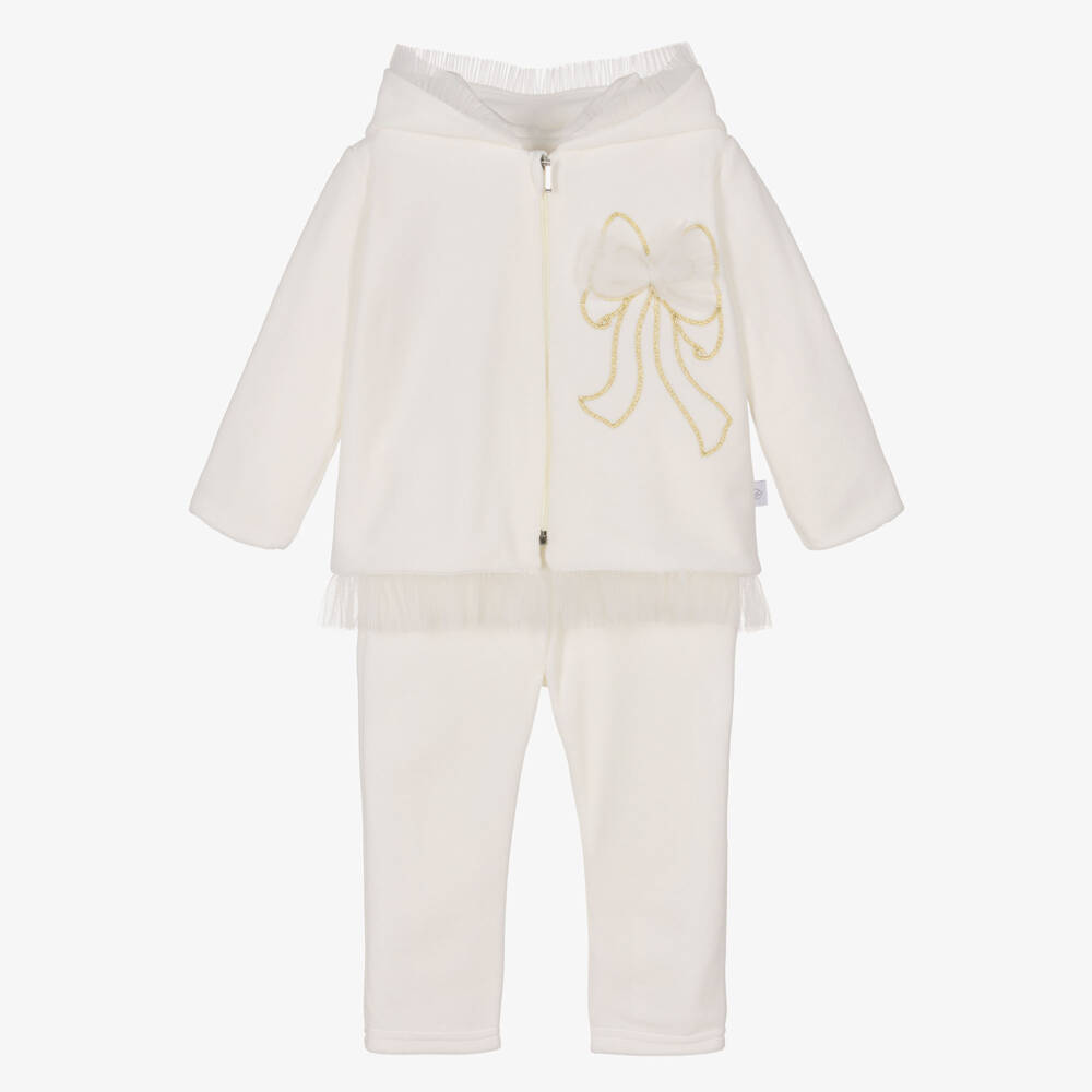 Sofija-Girls Ivory Velour Tracksuit with Embroidered & Tulle Bow | Childrensalon Outlet