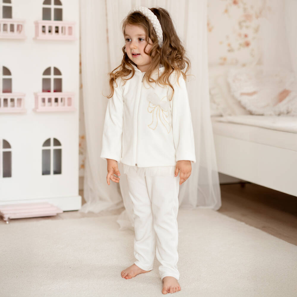 Sofija-Girls Ivory Velour Tracksuit with Embroidered & Tulle Bow | Childrensalon Outlet