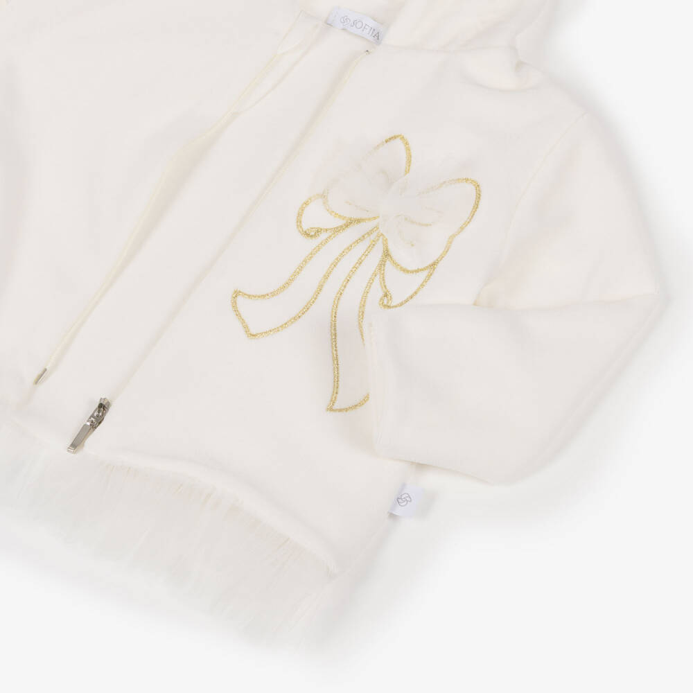 Sofija-Girls Ivory Velour Tracksuit with Embroidered & Tulle Bow | Childrensalon Outlet