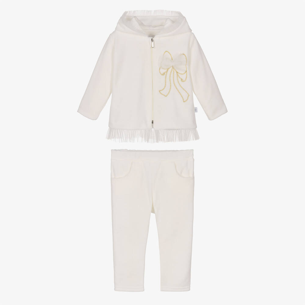 Sofija-Girls Ivory Velour Tracksuit with Embroidered & Tulle Bow | Childrensalon Outlet