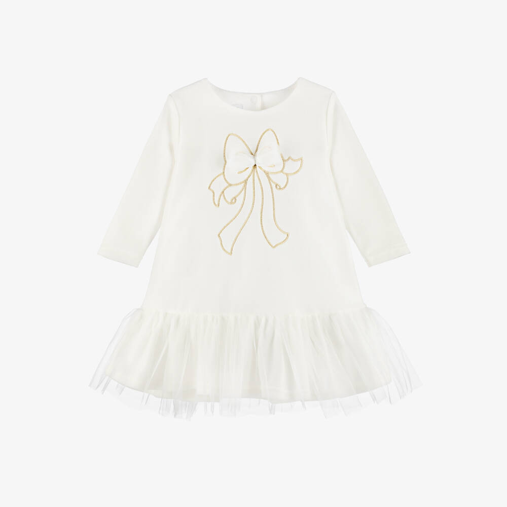 Sofija-Girls Ivory Velour & Tulle Dress with Bow Motif | Childrensalon Outlet