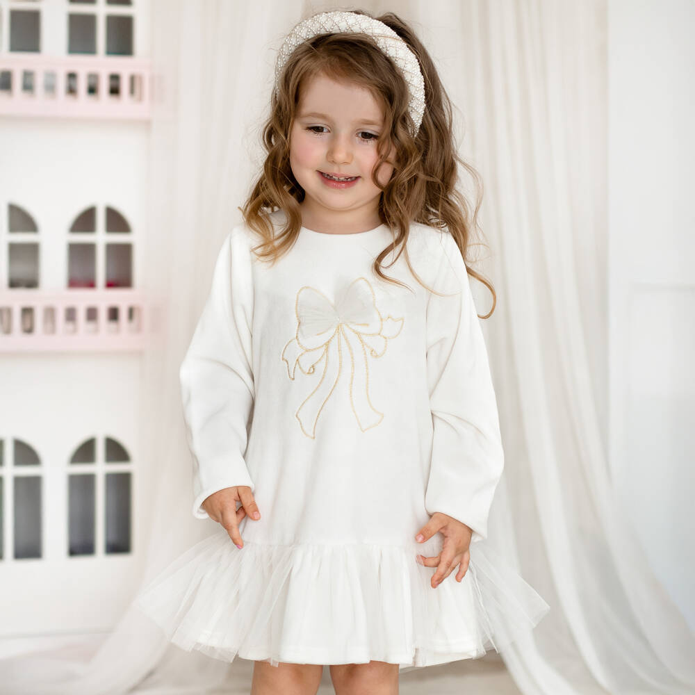 Sofija-Girls Ivory Velour & Tulle Dress with Bow Motif | Childrensalon Outlet