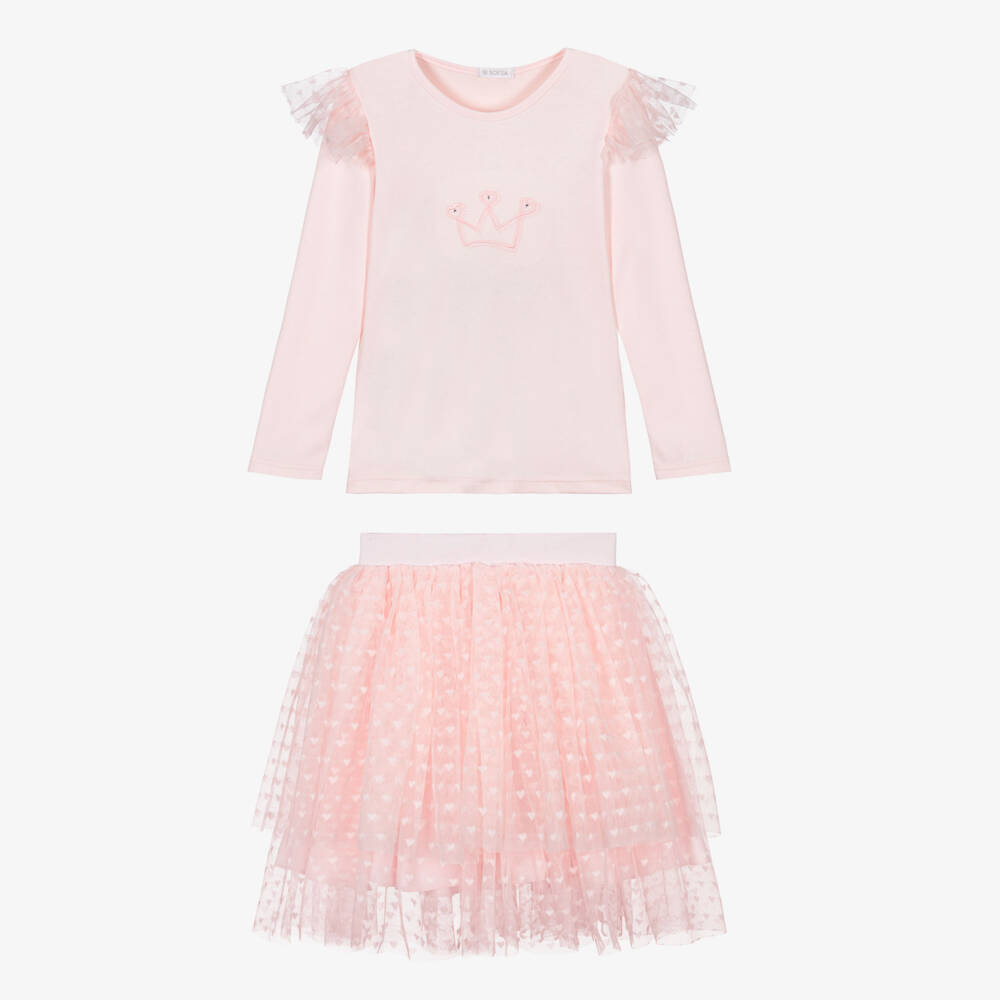 Sofija-Girls Pink Cotton & Tulle Skirt Set with Crown | Childrensalon Outlet