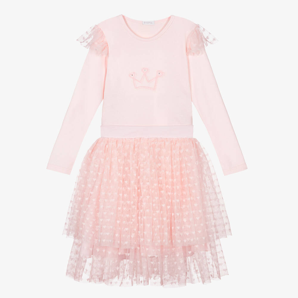 Sofija-Girls Pink Cotton & Tulle Skirt Set with Crown | Childrensalon Outlet