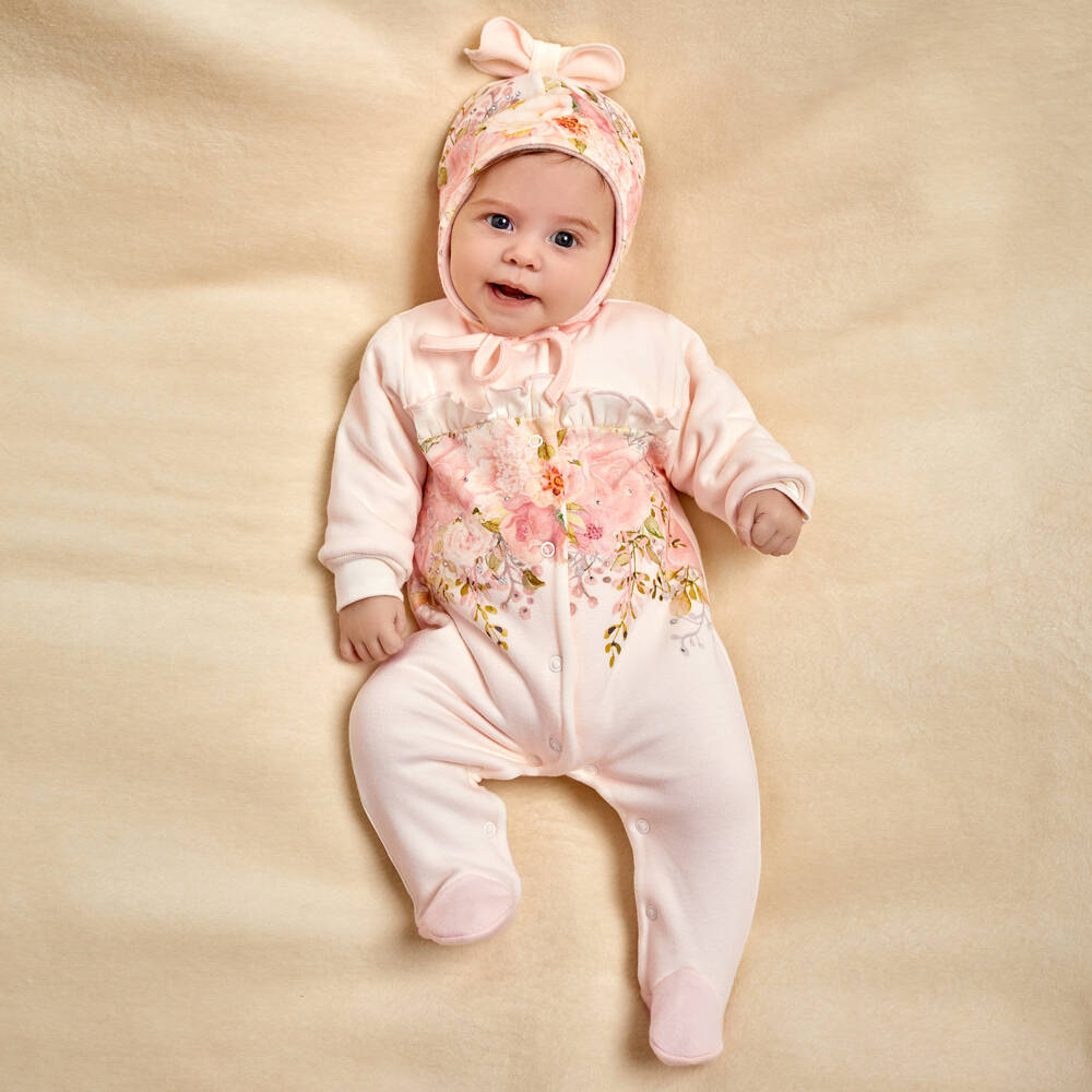 Sofija-Girls Pink Floral Cotton Babygrow | Childrensalon Outlet