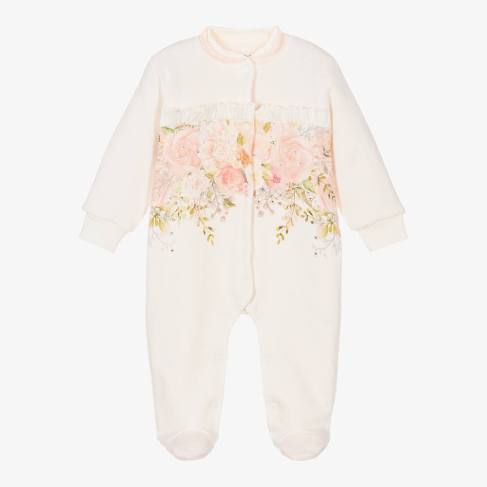 Sofija-Girls Pink Floral Cotton Babygrow | Childrensalon Outlet