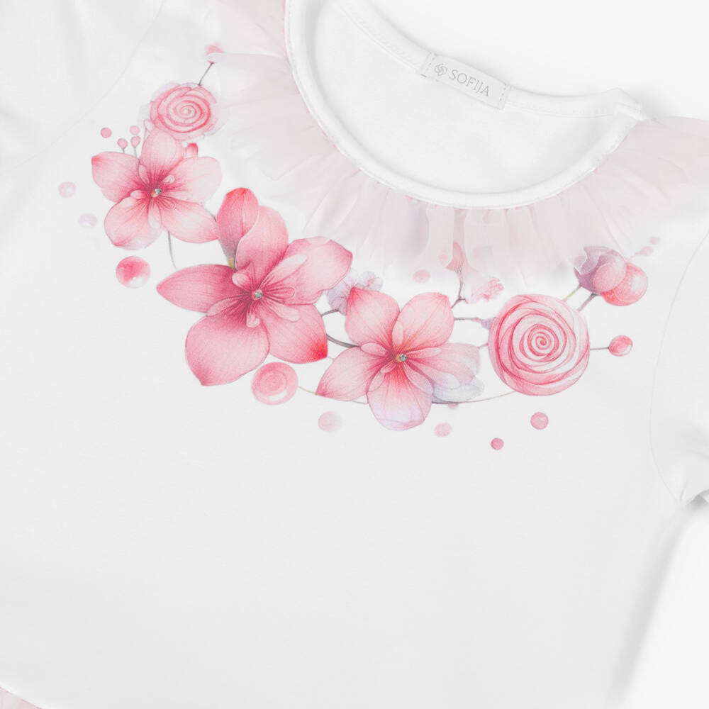Sofija-Girls White Jersey & Pink Floral Tulle Dress | Childrensalon Outlet