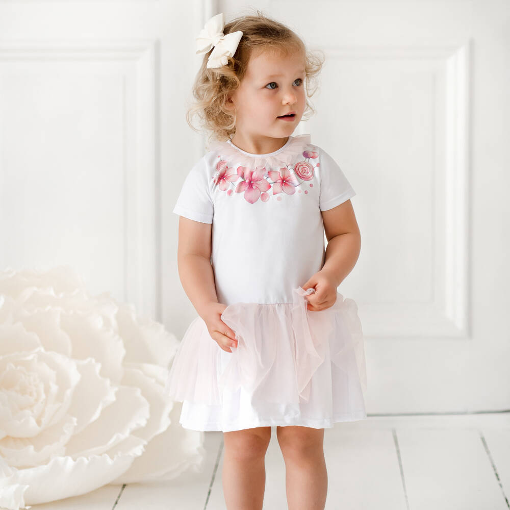 Sofija-Girls White Jersey & Pink Floral Tulle Dress | Childrensalon Outlet