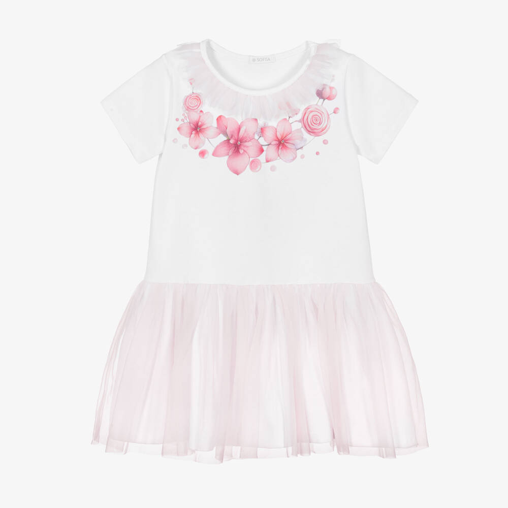 Sofija-Girls White Jersey & Pink Floral Tulle Dress | Childrensalon Outlet
