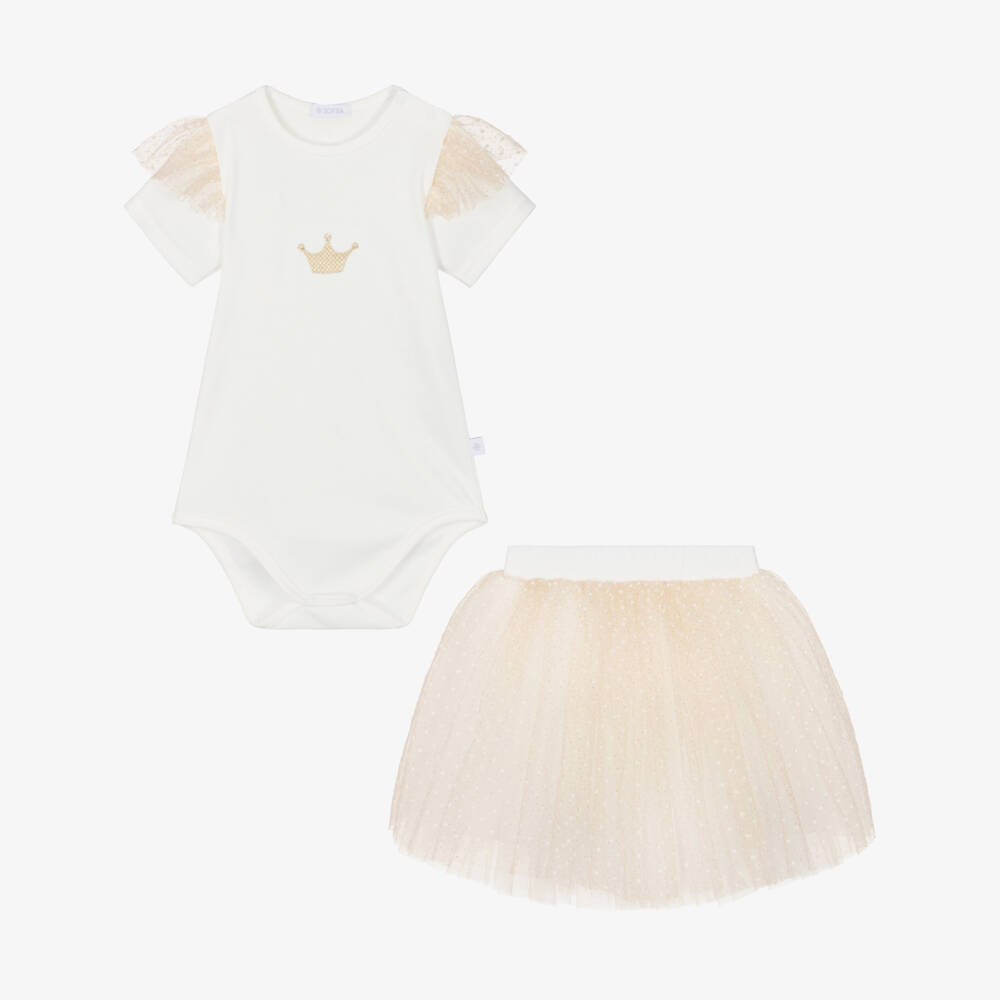 Sofija-Ivory & Gold Crown Bodyvest & Tulle Skirt Set | Childrensalon Outlet