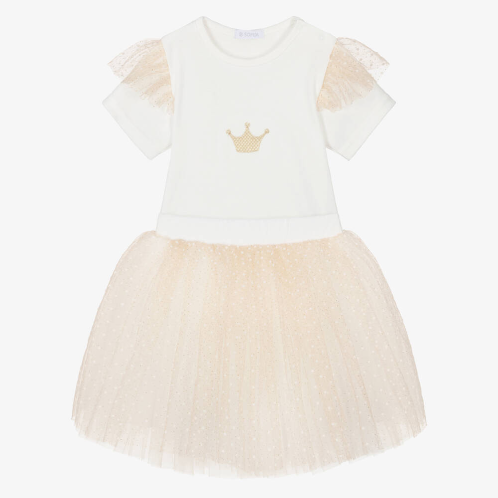 Sofija-Ivory & Gold Crown Bodyvest & Tulle Skirt Set | Childrensalon Outlet