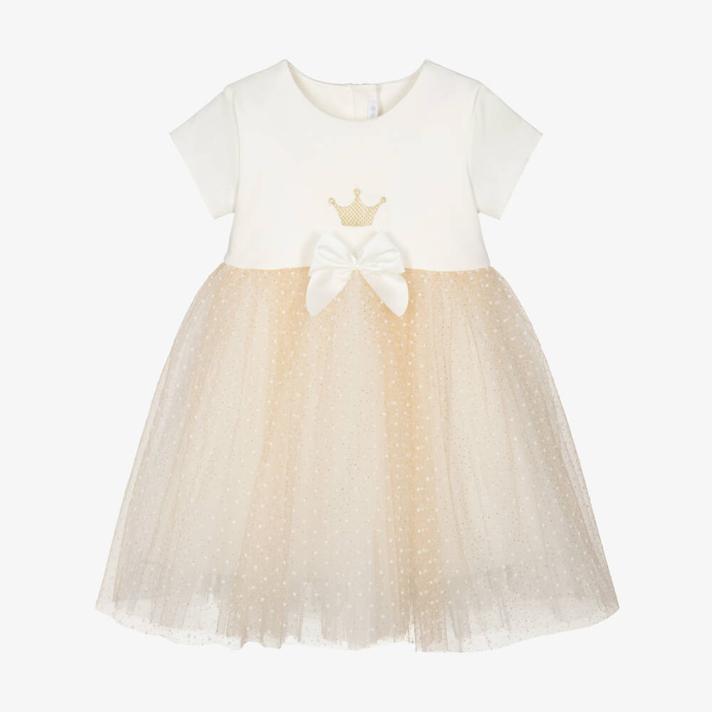 Sofija-Ivory & Gold Crown Embro Tulle Dress | Childrensalon Outlet