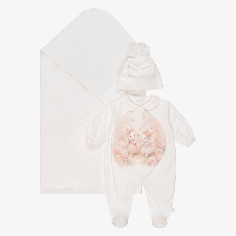 Sofija-Ivory & Pink Bunny Babygrow, Hat & Swaddle Set | Childrensalon Outlet
