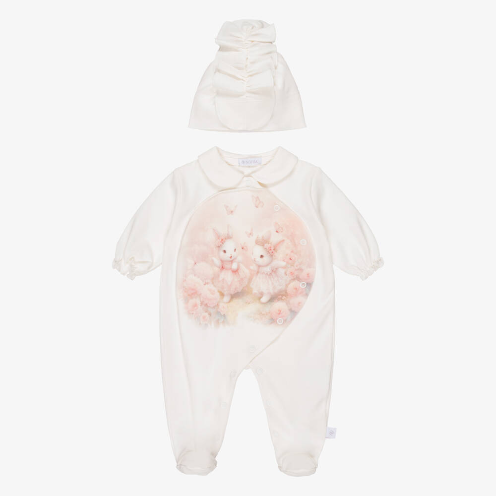 Sofija-Ivory & Pink Bunny Babygrow, Hat & Swaddle Set | Childrensalon Outlet