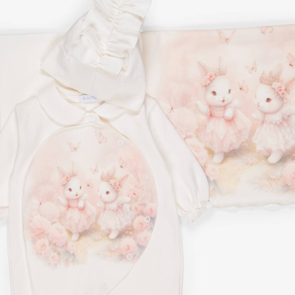 Sofija-Ivory & Pink Bunny Babygrow, Hat & Swaddle Set | Childrensalon Outlet