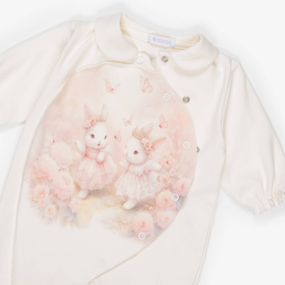 Sofija-Ivory & Pink Bunny Babygrow, Hat & Swaddle Set | Childrensalon Outlet