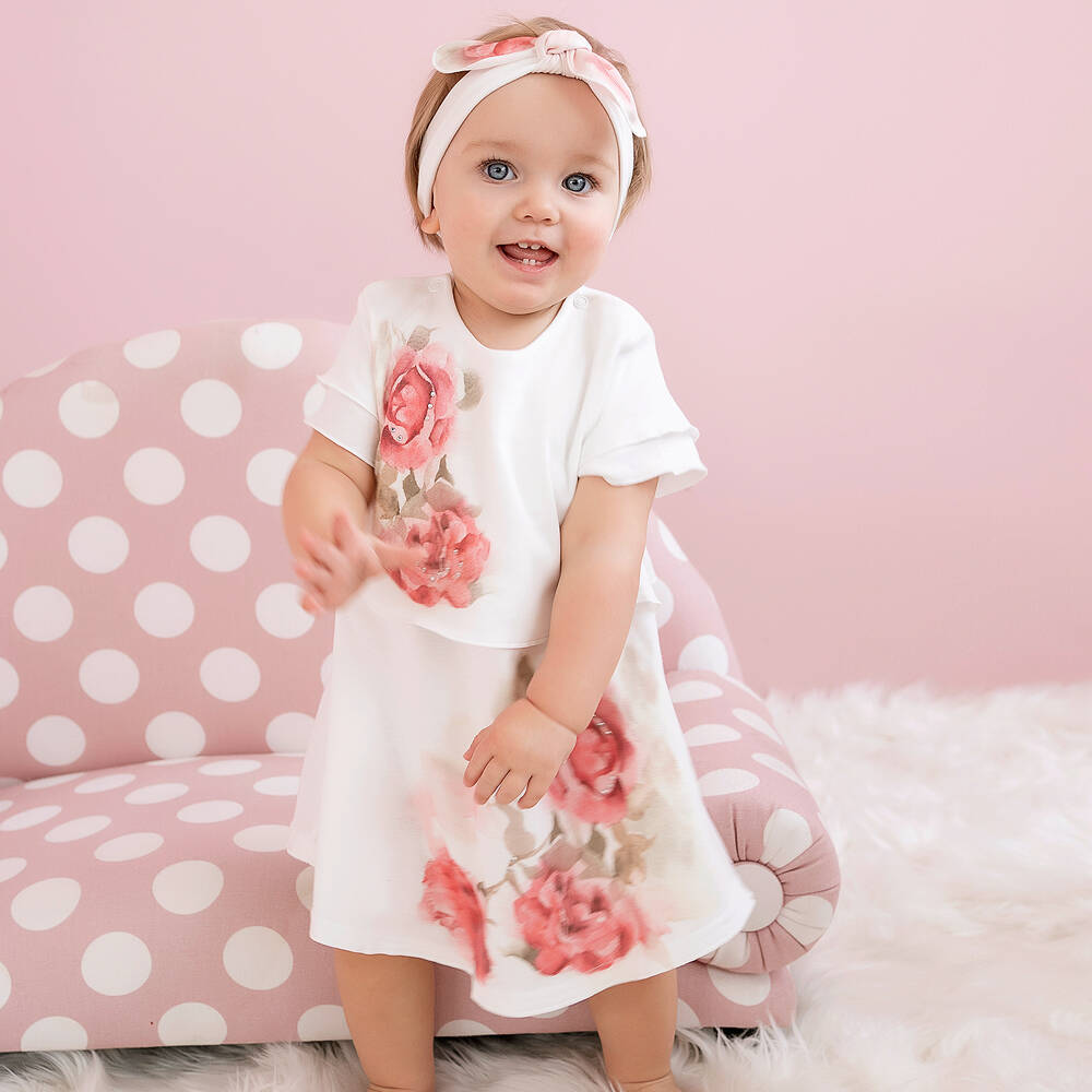 Sofija-فستان أطفال قطن جيرسي لون عاجي بطبعة ورود | Childrensalon Outlet