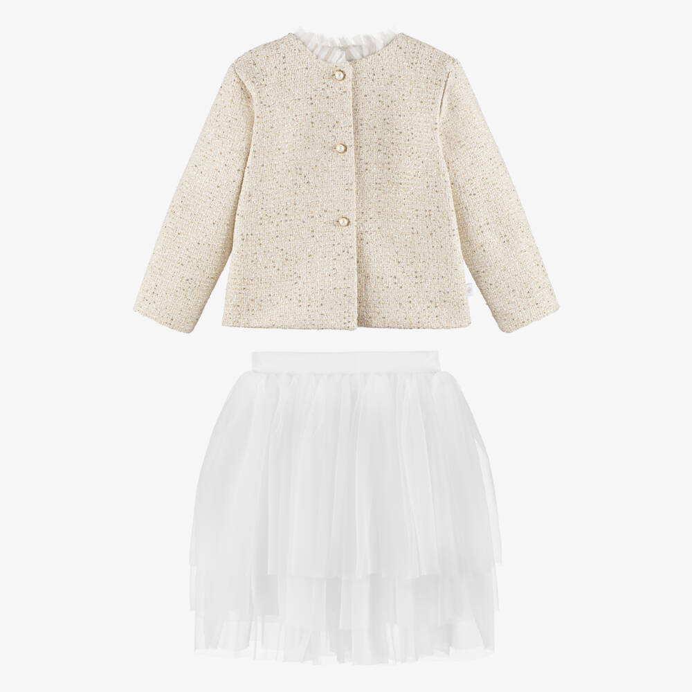 Sofija-Ivory Tweed Jacket & White Tulle Skirt Set | Childrensalon Outlet