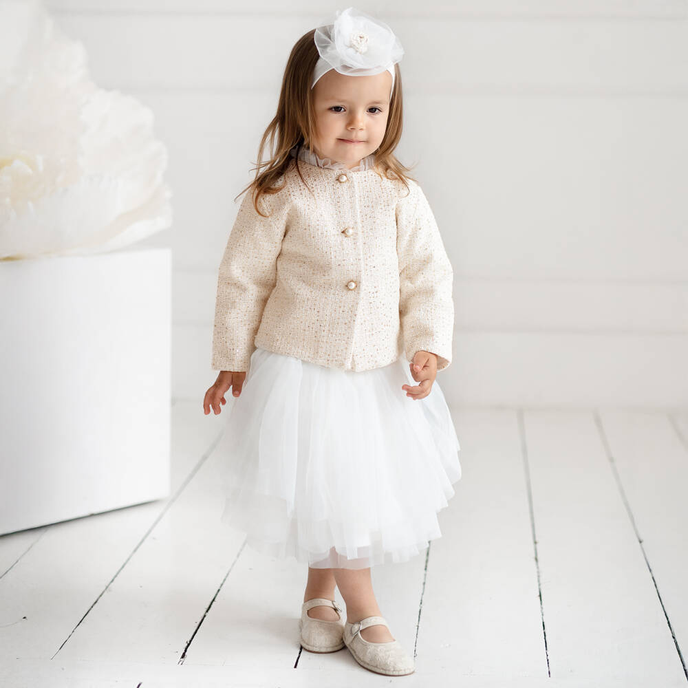 Sofija-Ivory Tweed Jacket & White Tulle Skirt Set | Childrensalon Outlet