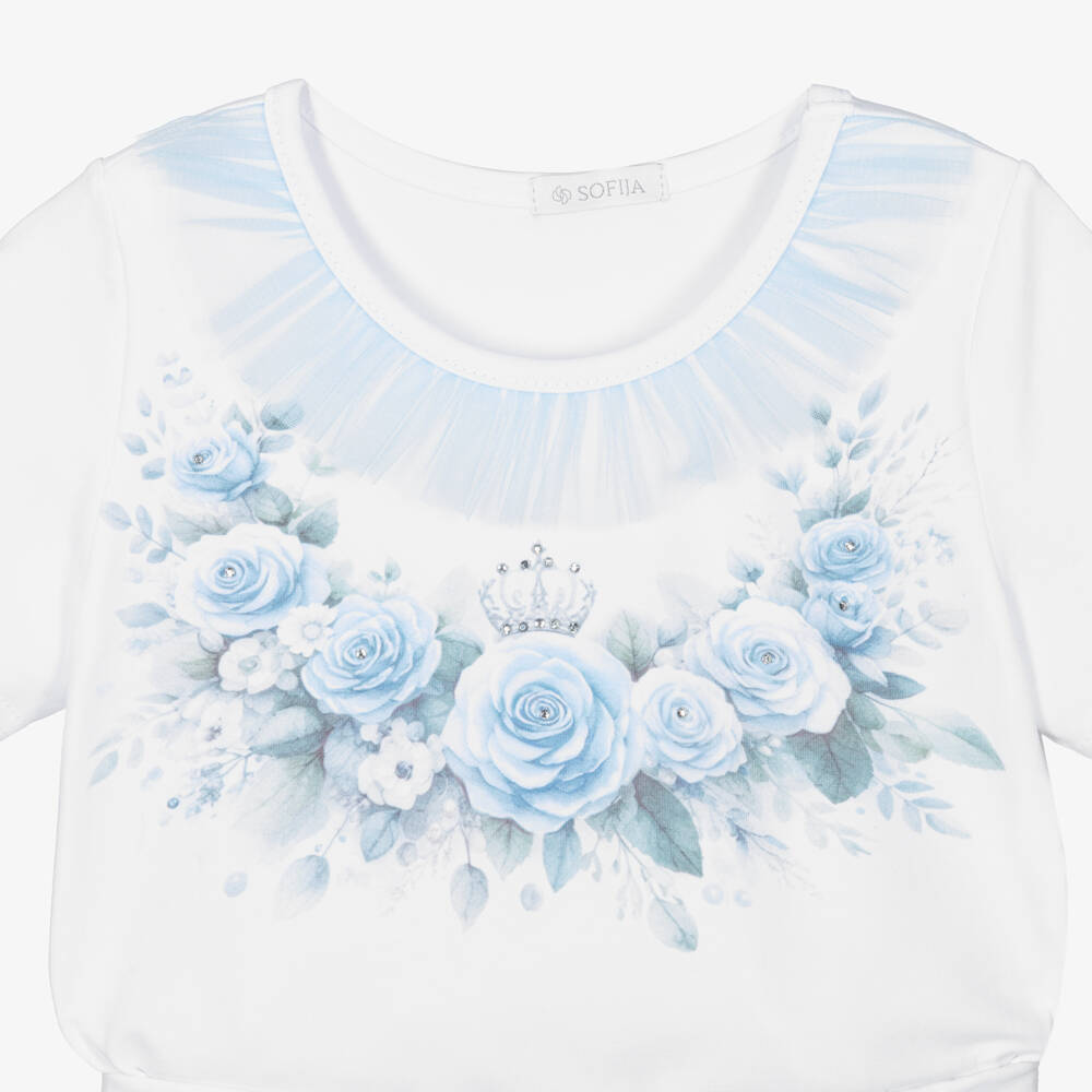 Sofija-White & Blue Flowers Ss Top & Tule Skirt Set | Childrensalon Outlet