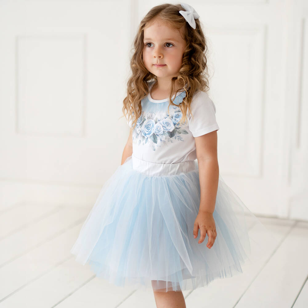Sofija-White & Blue Flowers Ss Top & Tule Skirt Set | Childrensalon Outlet
