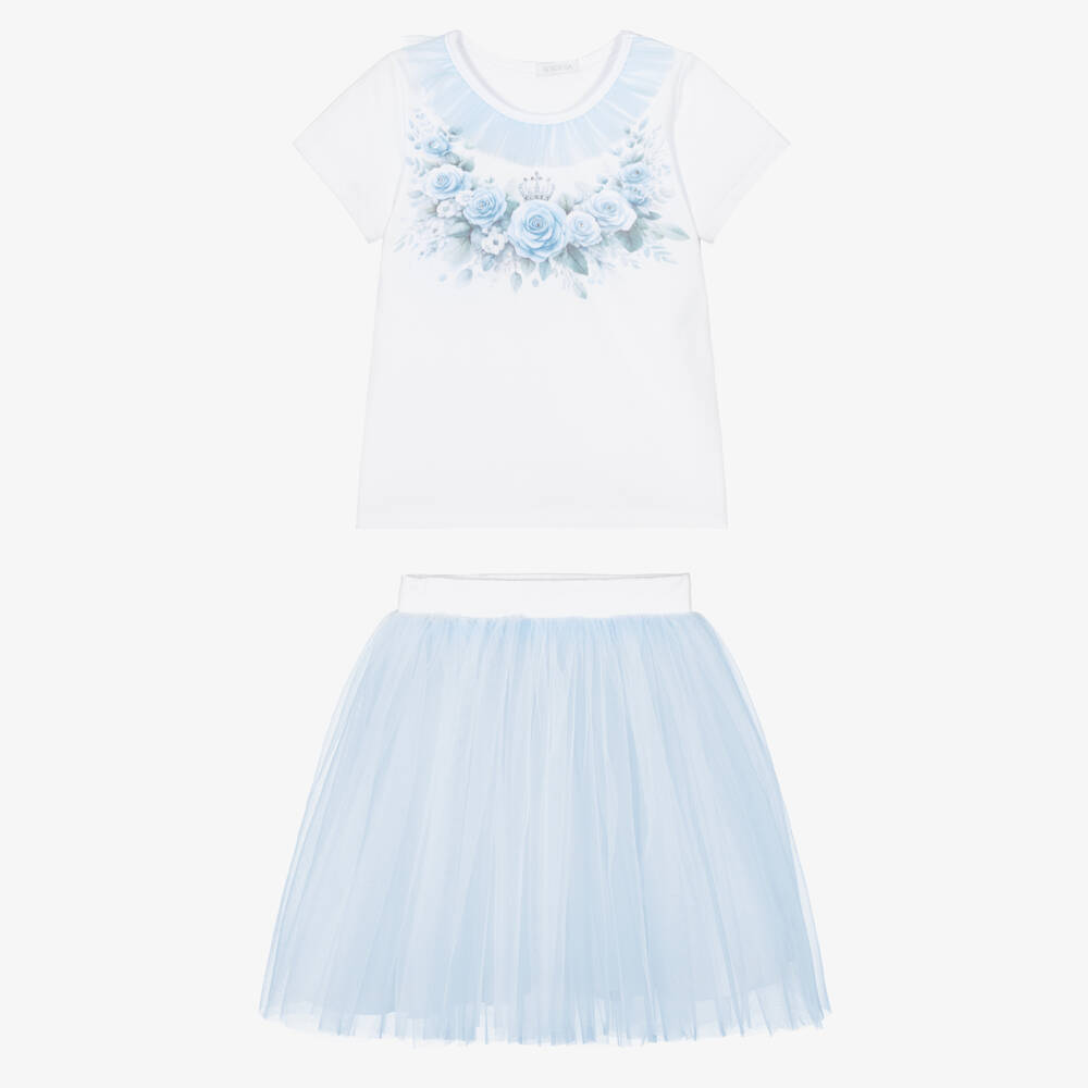 Sofija-White & Blue Flowers Ss Top & Tule Skirt Set | Childrensalon Outlet