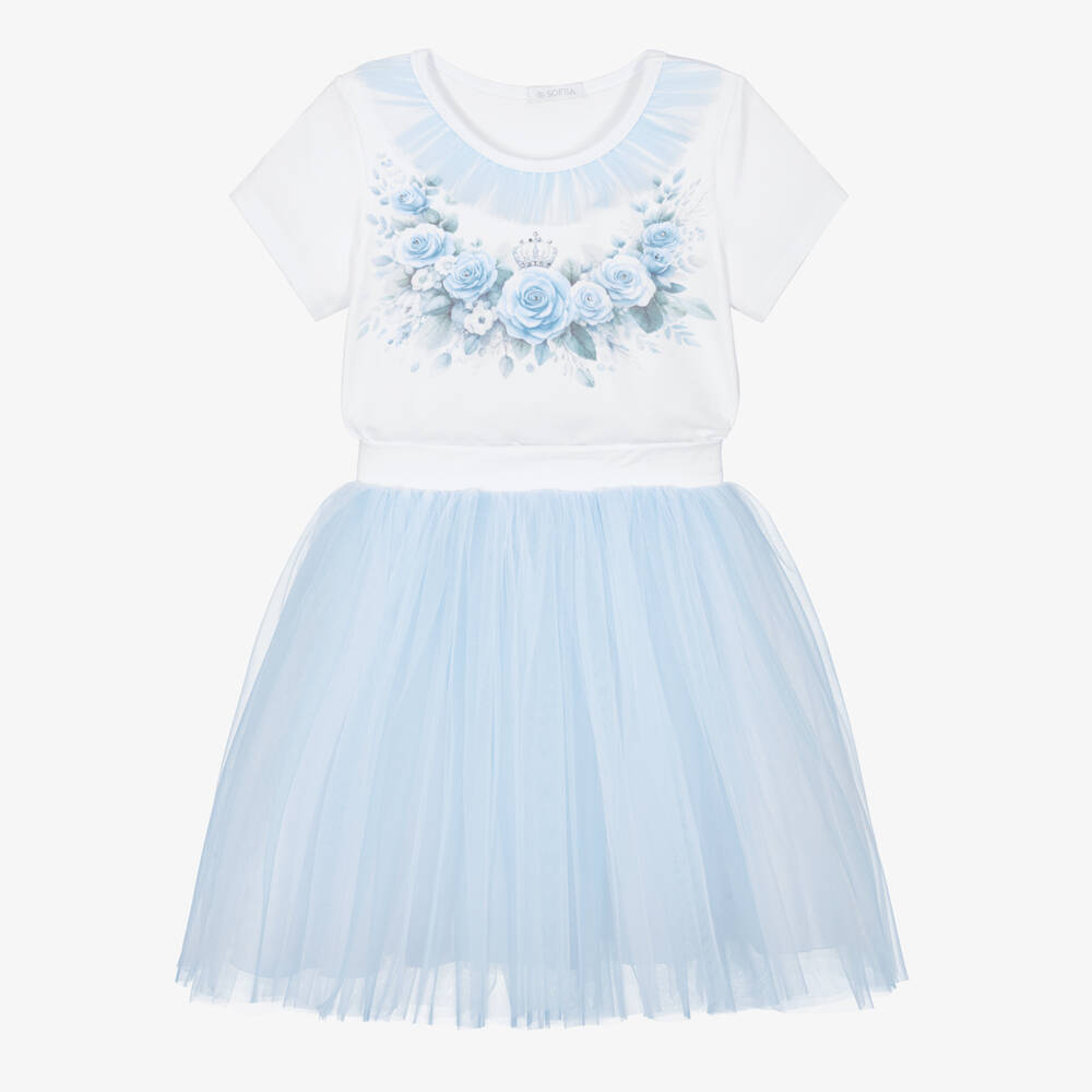 Sofija-White & Blue Flowers Ss Top & Tule Skirt Set | Childrensalon Outlet