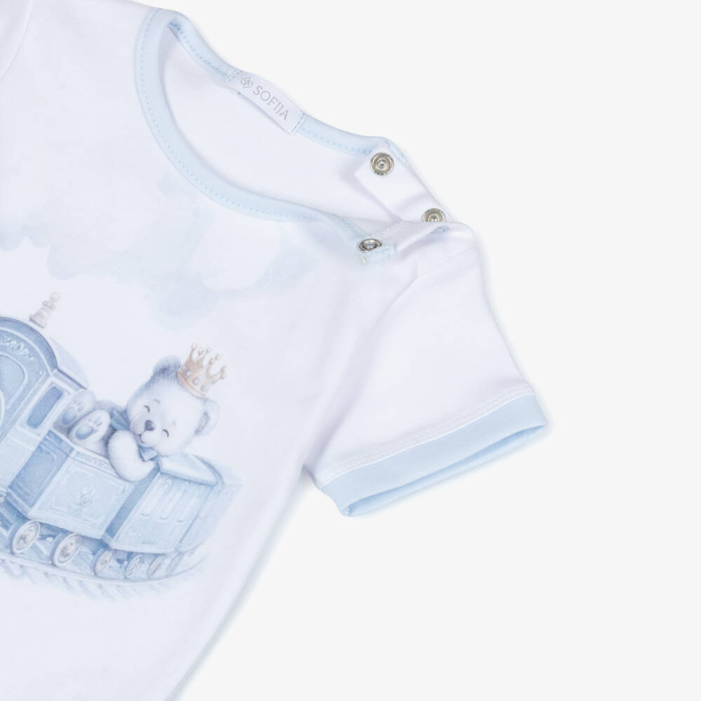 Sofija-White & Blue Teddy Print Ss Top & Shorts Set | Childrensalon Outlet