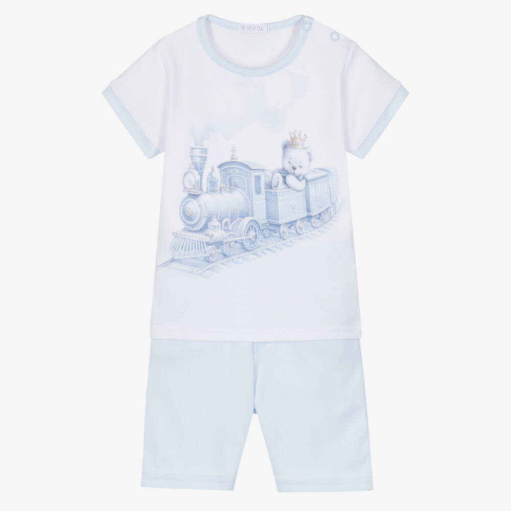 Sofija-White & Blue Teddy Print Ss Top & Shorts Set | Childrensalon Outlet