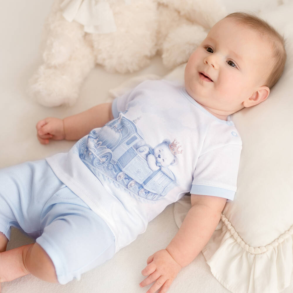Sofija-White & Blue Teddy Print Ss Top & Shorts Set | Childrensalon Outlet